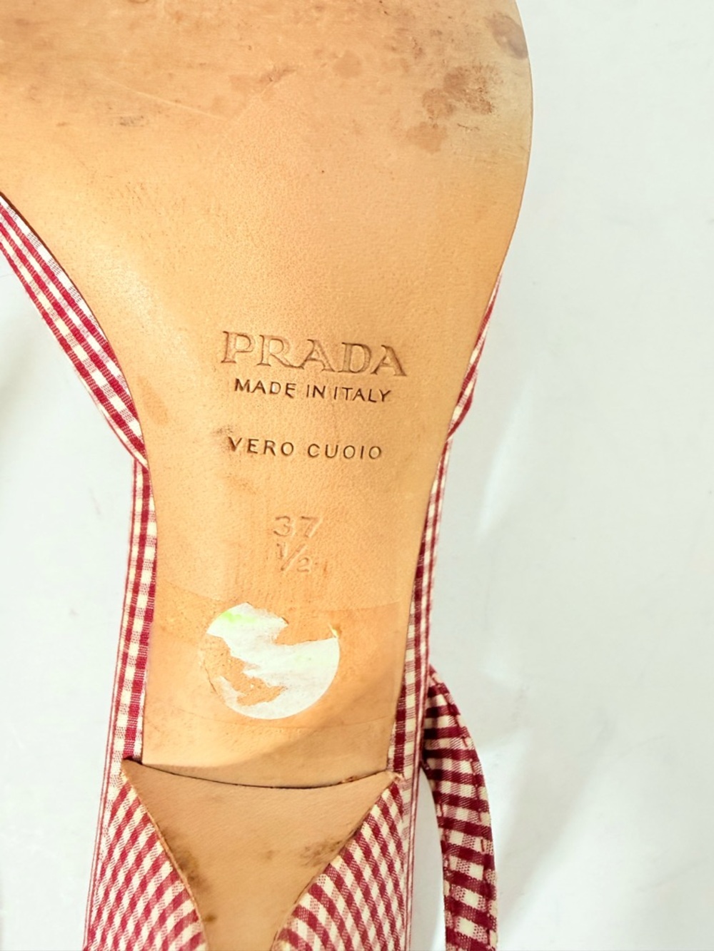 Prada Vintage 2000s Gingham Floral Appliqué Slingback Heels 37.5 Red Kitten Heel - Picture 9 of 10